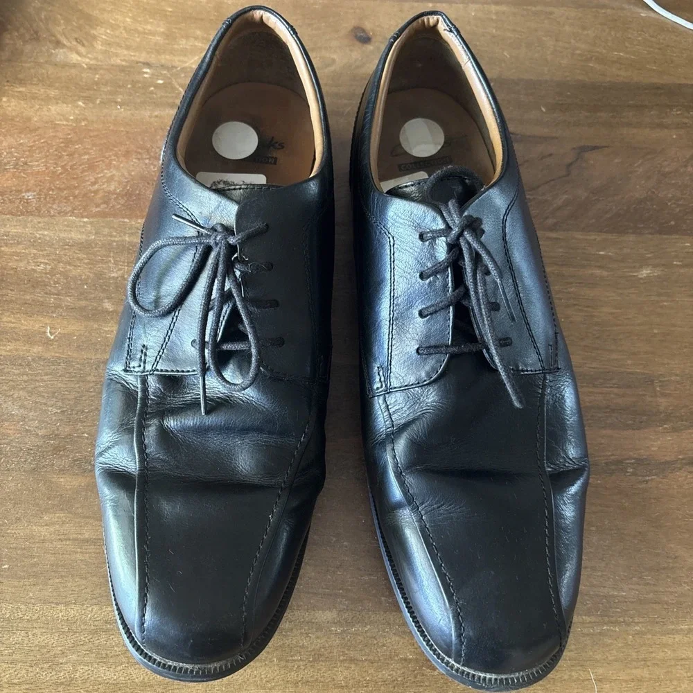 Clarks Tilden Black Leather Oxfords Lace Up Dress Shoes Men Sz 12W US/45EU GUC